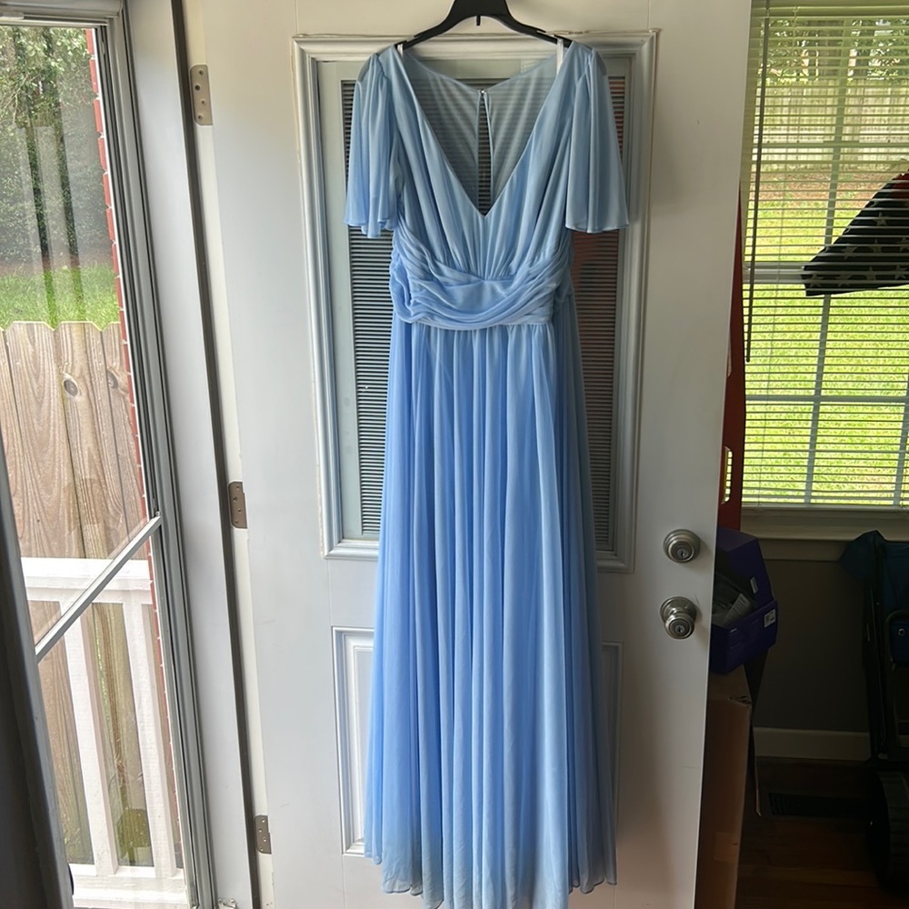 Baby blue bridesmaid dress, never hemmed